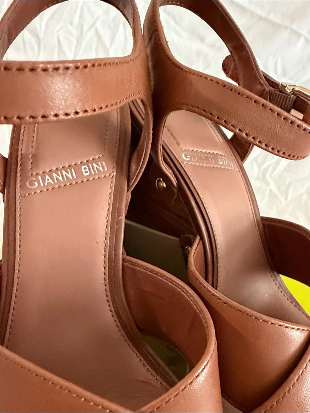 Gianni Bini Tan Leather Wood-Effect Platform Wedges